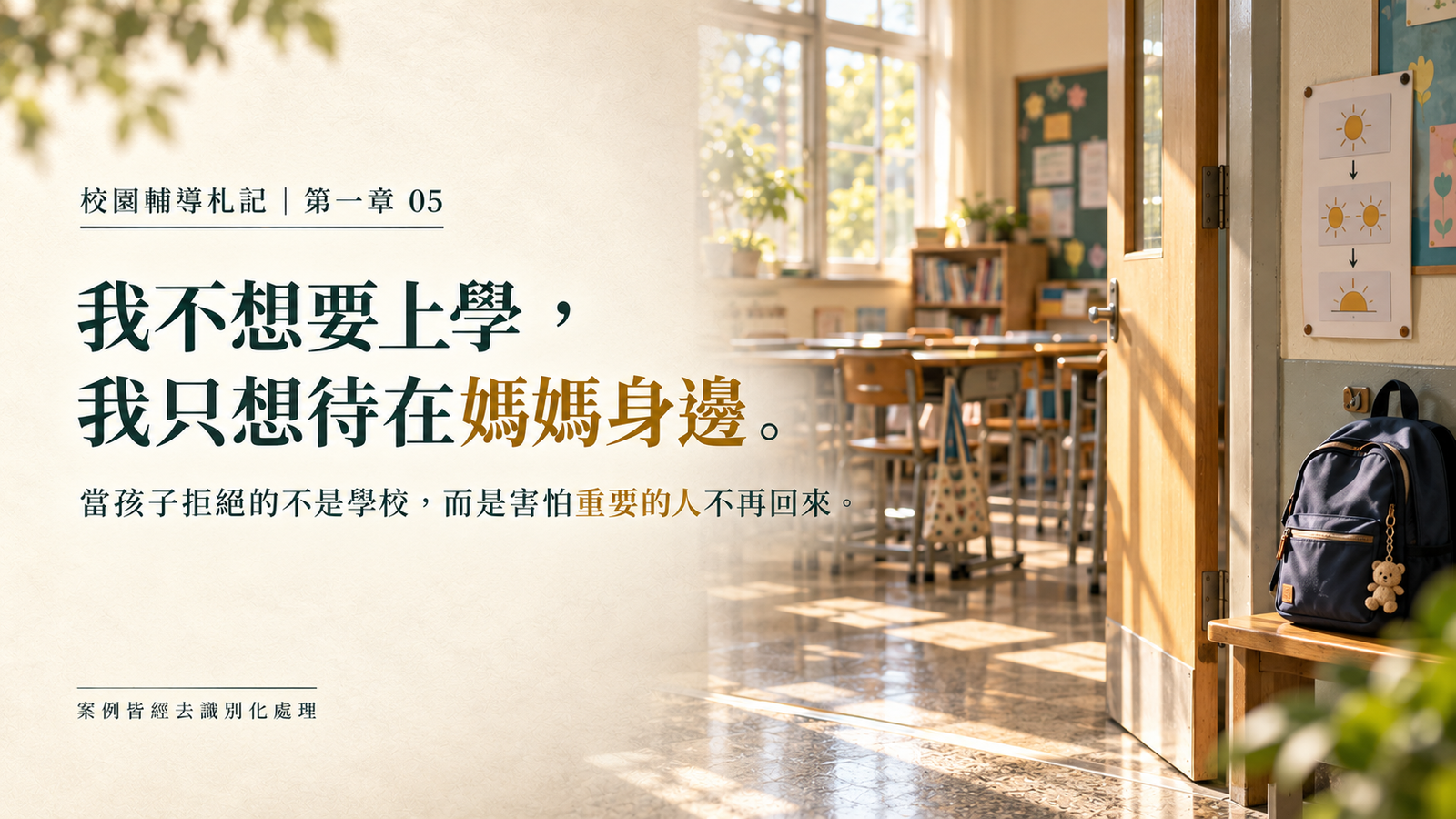校園輔導札記第一章第五篇封面，以晨光中的教室門口與書包象徵孩子逐漸相信照顧者會在下課後回來