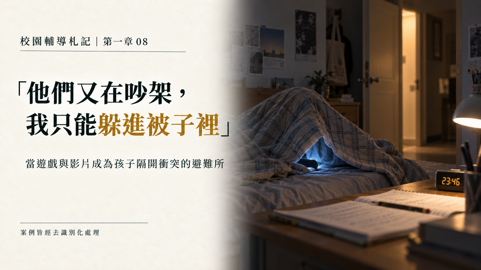校園輔導札記第一章第八篇封面，以深夜房間、被子與手機微光呈現孩子在家庭衝突中尋找暫時安全感