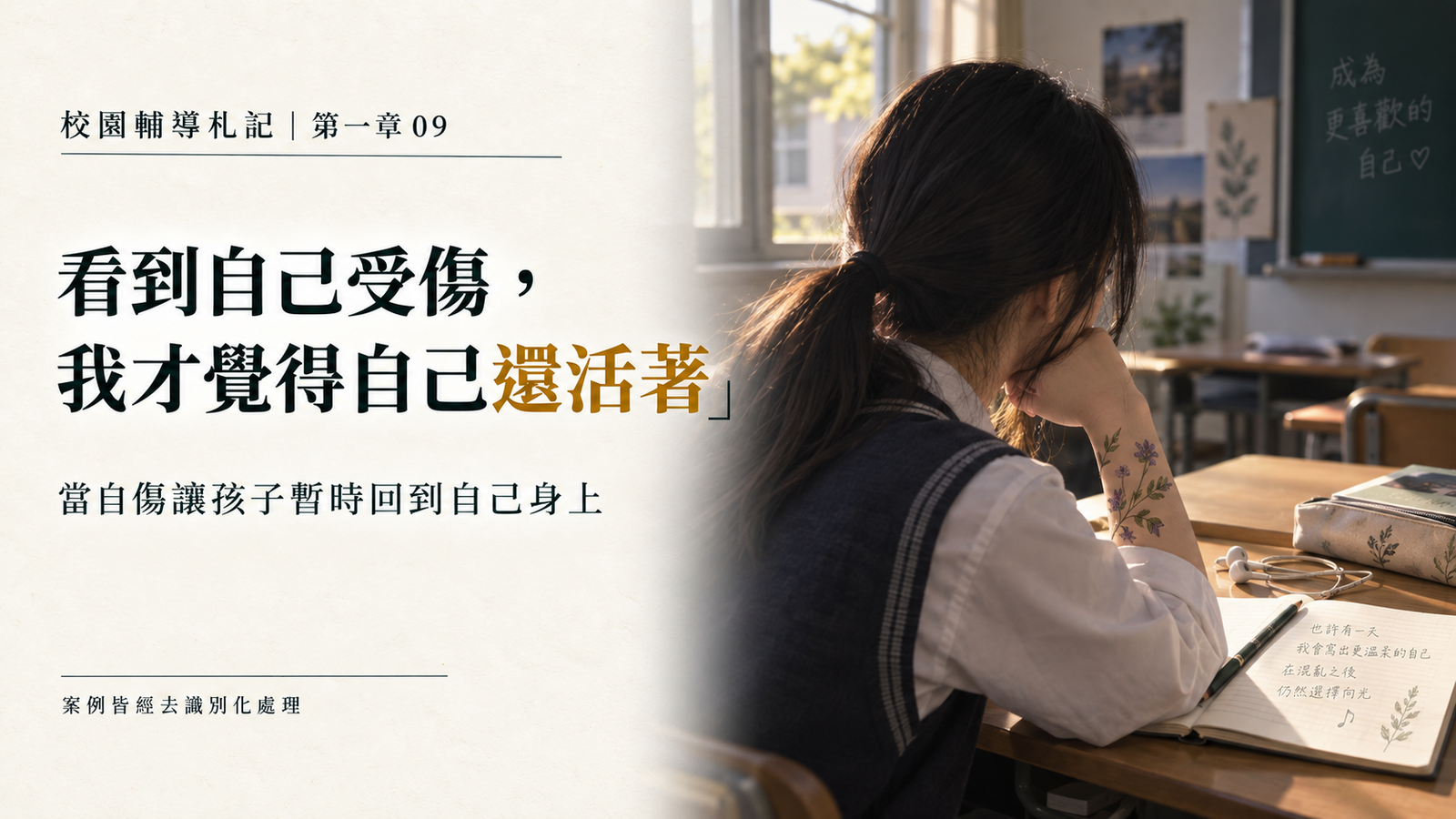 校園輔導札記第一章第九篇封面，一名學生在教室書寫歌詞，手腕上的植物紋身貼紙象徵重新開始與安全表達