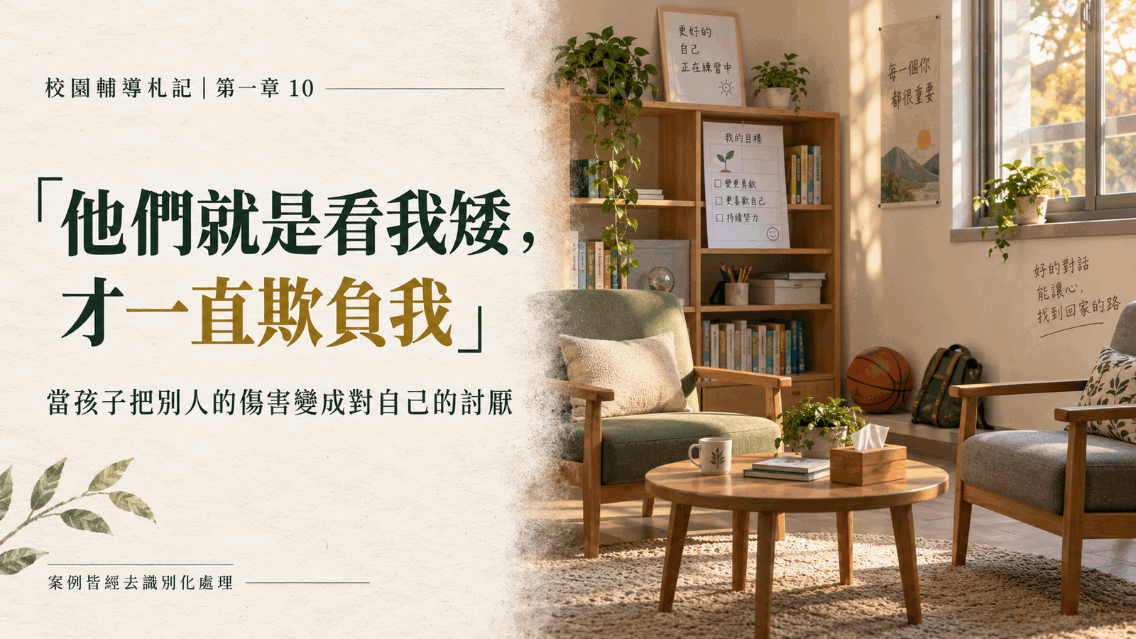 校園輔導札記第一章第十篇封面,以安靜的輔導室、平視座椅、籃球與高處作業紙象徵身高嘲笑、自我價值與安全陪伴