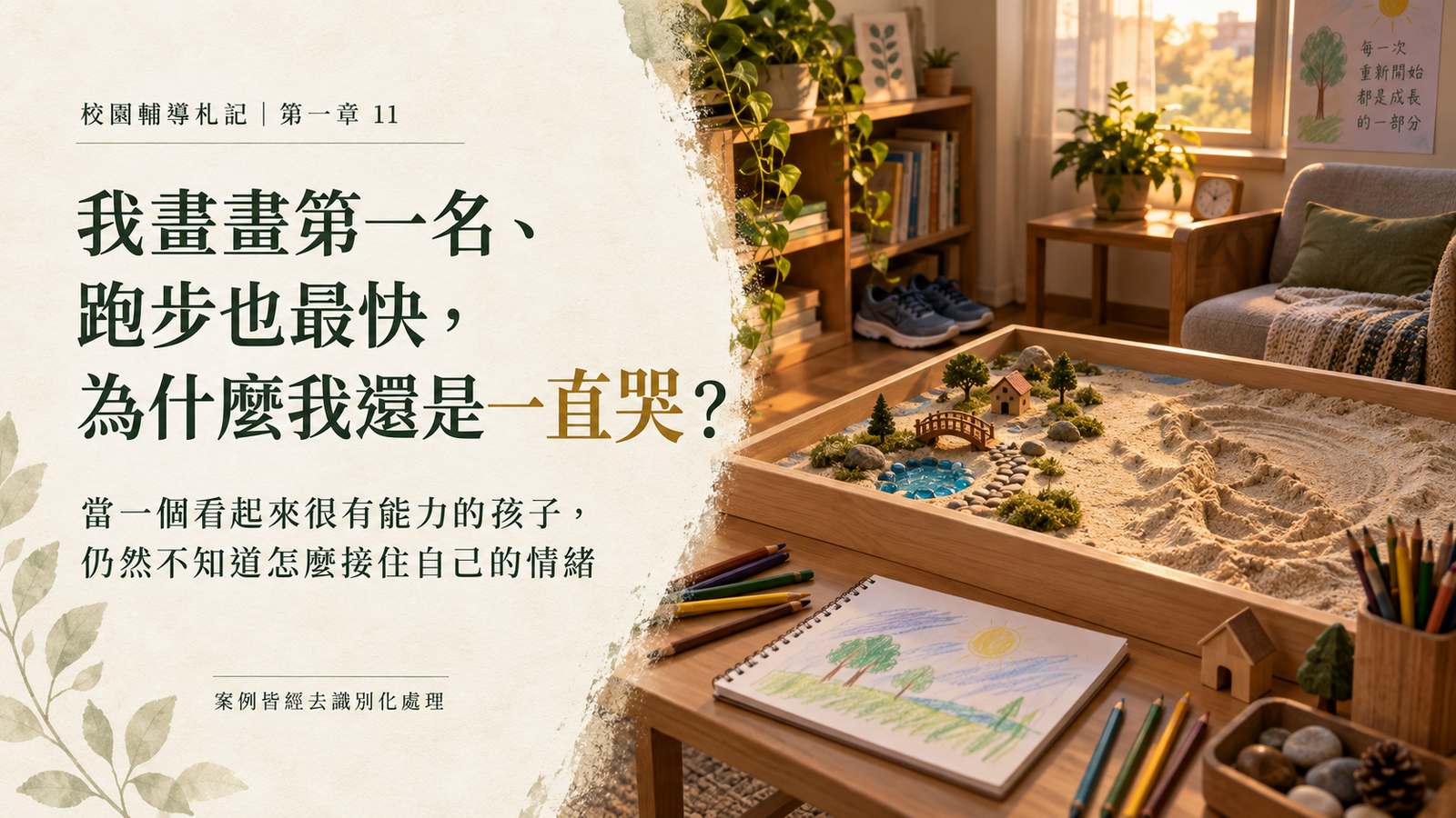 校園輔導札記第一章第十一篇封面，以溫暖輔導室中的沙盤、畫紙與跑鞋象徵能力期待、情緒失控與重新整理