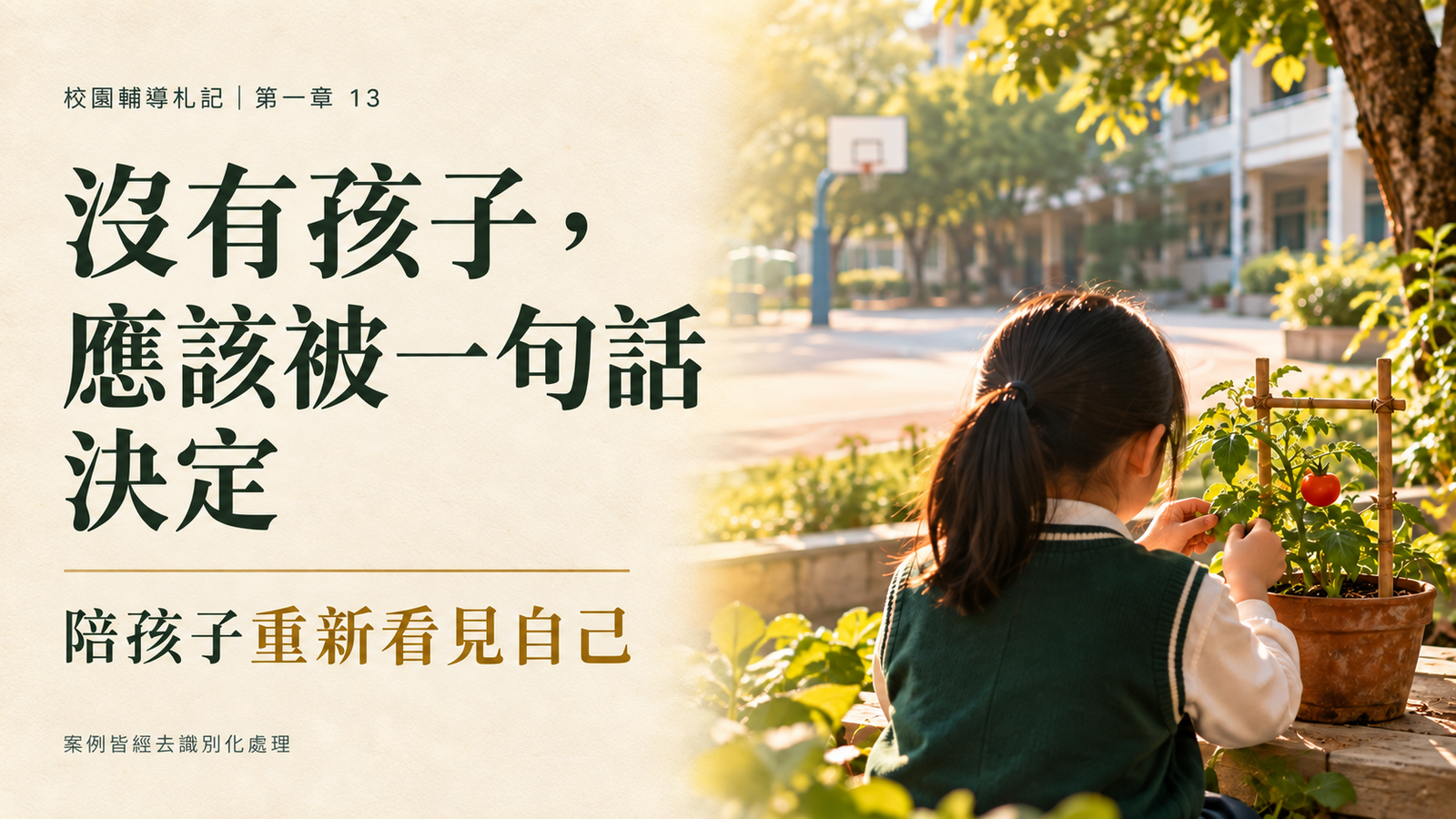 校園輔導札記第一章第十三篇封面，以校園球場旁照顧小番茄的孩子，象徵從問題標籤走向照顧、分享與重新看見自己