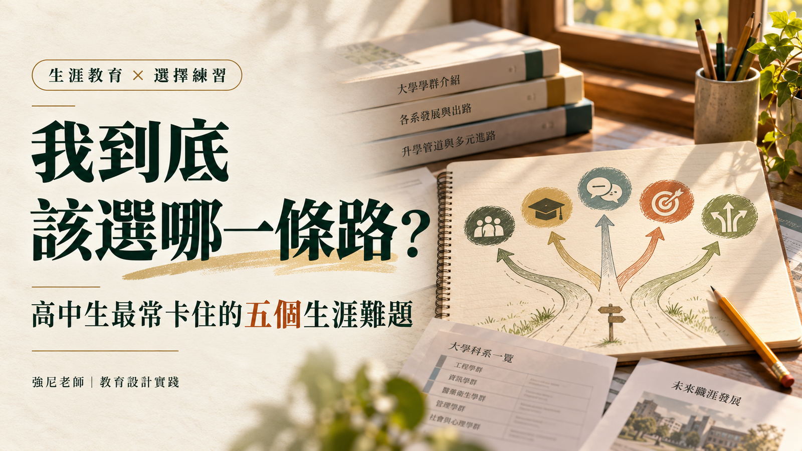 高中生涯選擇文章封面，以桌上筆記本分岔成五條路徑，象徵從眾、升學、親子期待、成績差距與多重選項