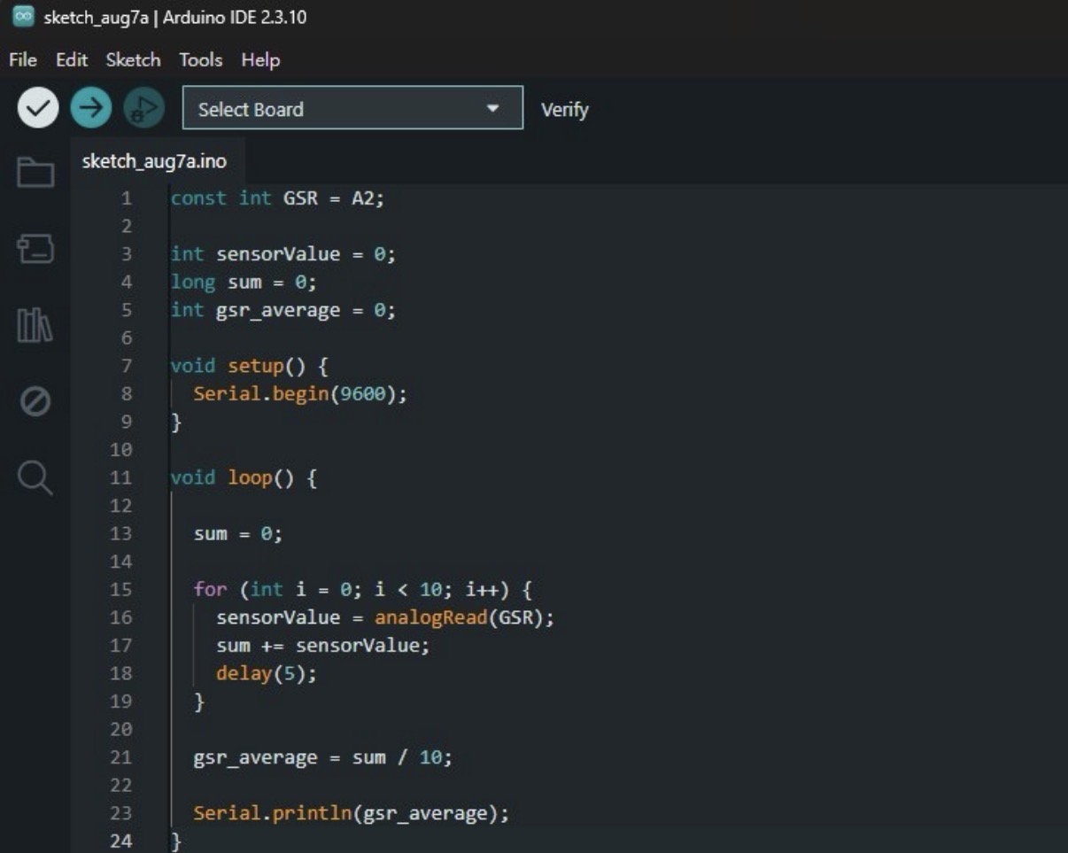 Arduino IDE 系統設定紀錄：從 A2 讀取 GSR 數值，取 10 次平均後透過序列輸出。