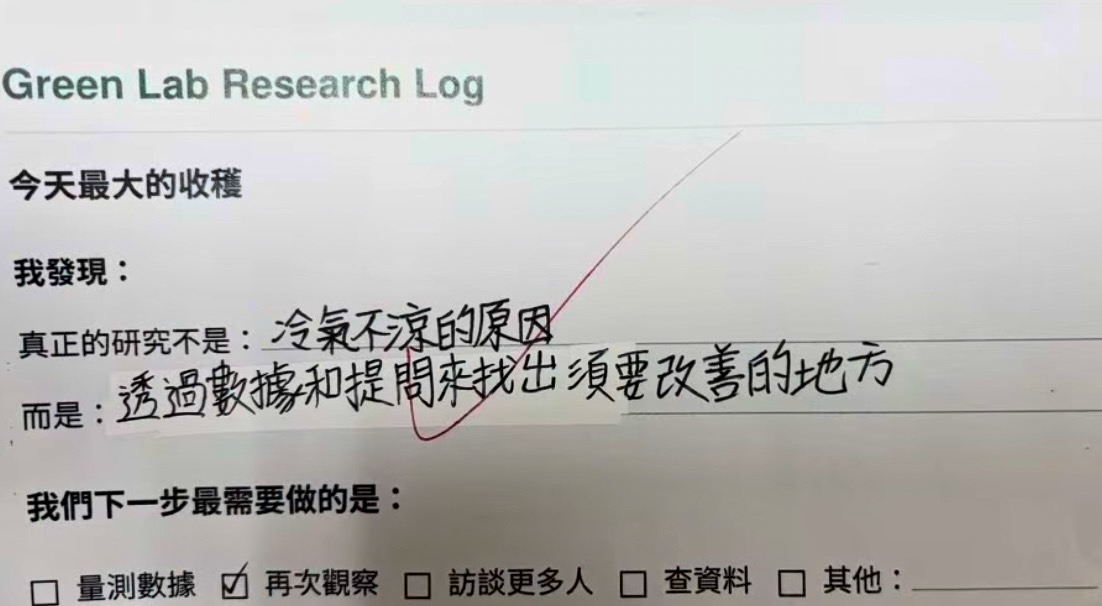 Green Lab Research Log 學習單，手寫反思透過數據與提問找出需要改善之處，並勾選再次觀察